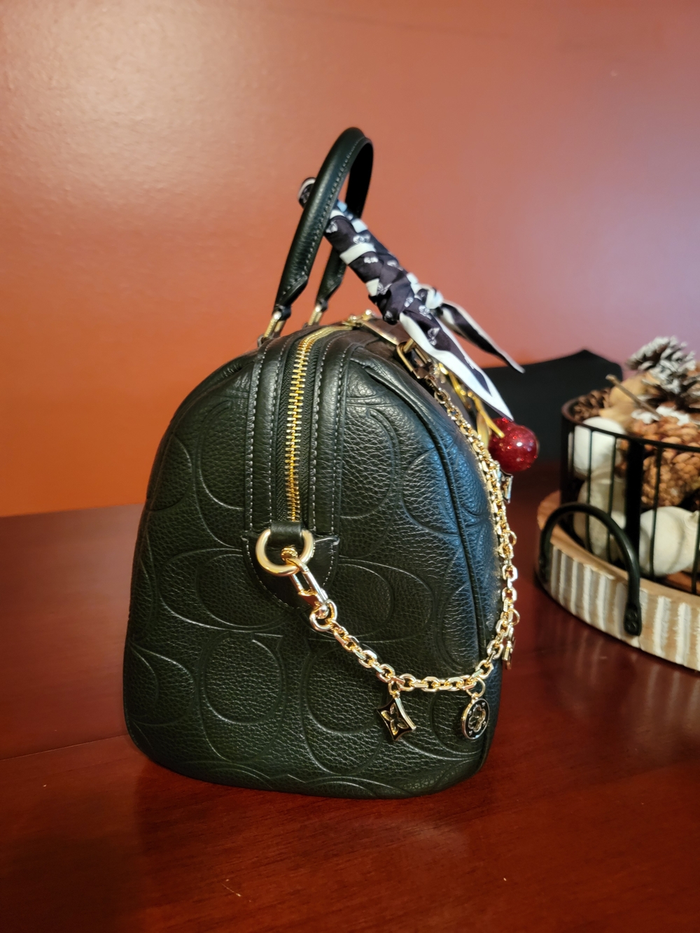 Coach Black Leather Large Satchel with Gold Hardware and Red Cherry Charm - Picture 4 of 7